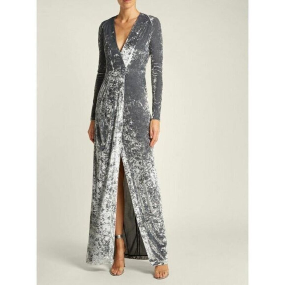 Galvan London Grey Velvet V-Neck Faux  Wrap Cocktail Dress SZ 4 New